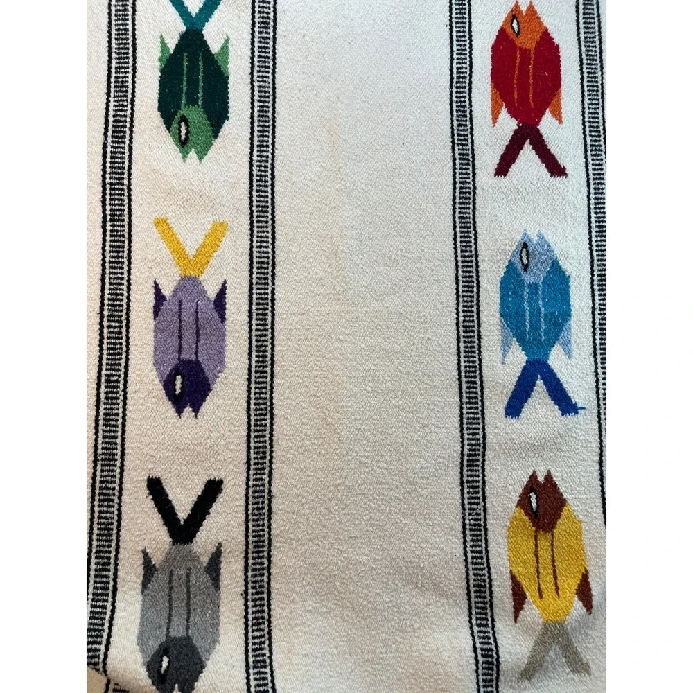 Vintage Mexican/Native Wool Fish Rug Wall /Hanging Folk Coastal Tapestry 80x42